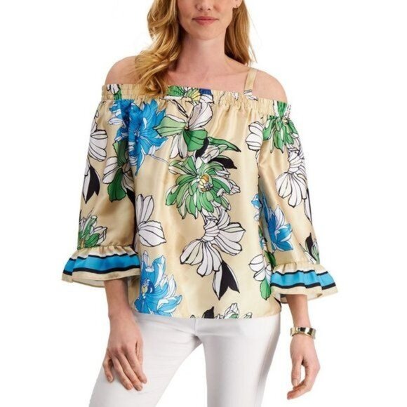 JM Collection Tops - AP-2543 Jm Collection Floral-Print Cold-Shoulder Top Blue Size XL